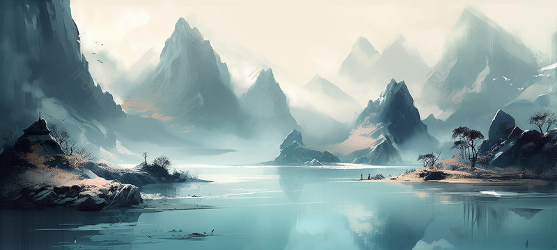 蓝色山水画,简约意境手绘山水,插画/手绘图,插画/手绘图库,插画/手绘图下载,插画/手绘